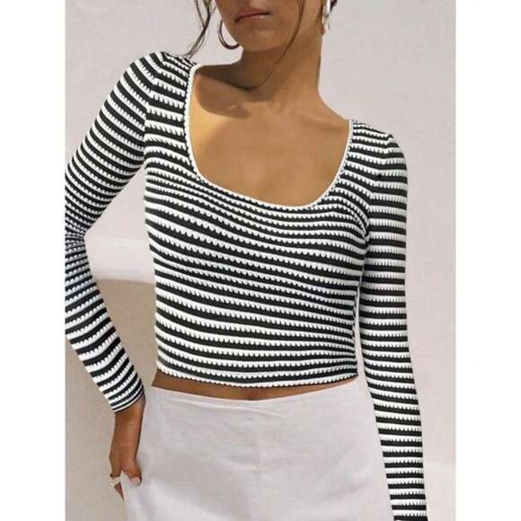 Women's Striped Knit Tops Casual Slim Fit Stylish Square Neck Long Sleeve Crop T - Picture 5 of 7